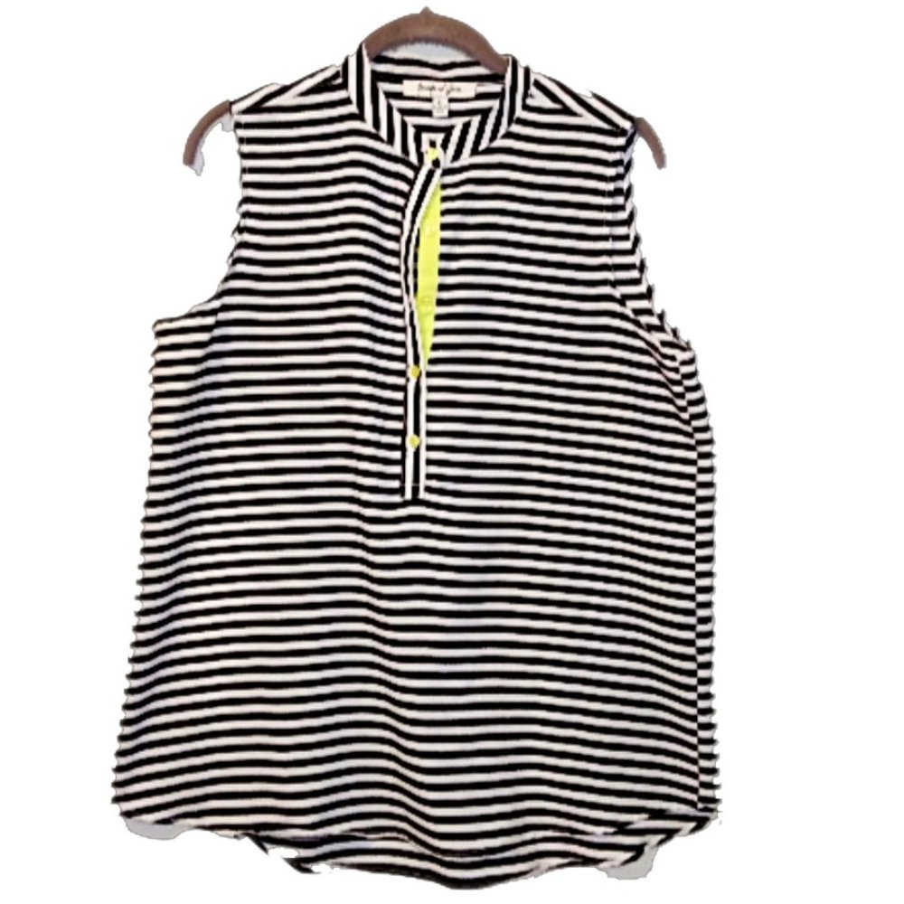 JENNIFER & GRACE Black/White Striped Yellow Buttons/Placket Sleeveless Top